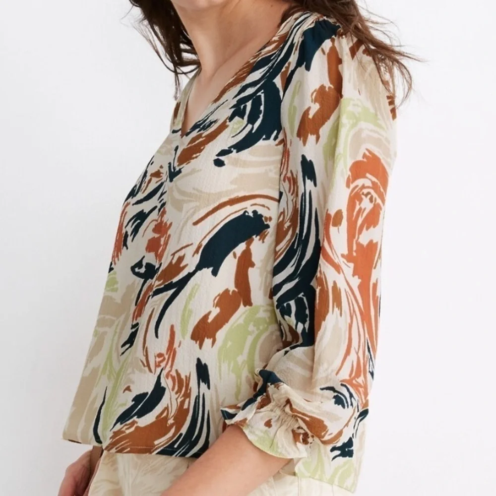 NWT MADEWELL V-Neck Brushstroke Print Ruffle Cuff Sleeve Blouse Size Medium - Picture 3 of 7